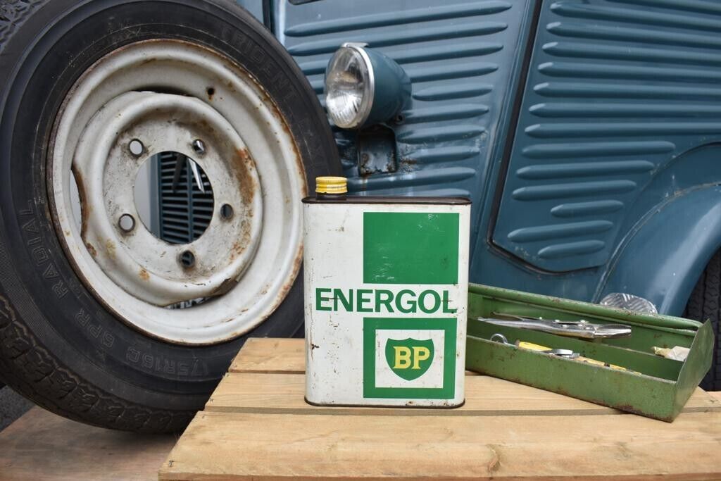 Vintage Oil can, French BP Energol , Rustic Display Garage Retro 2 litre
