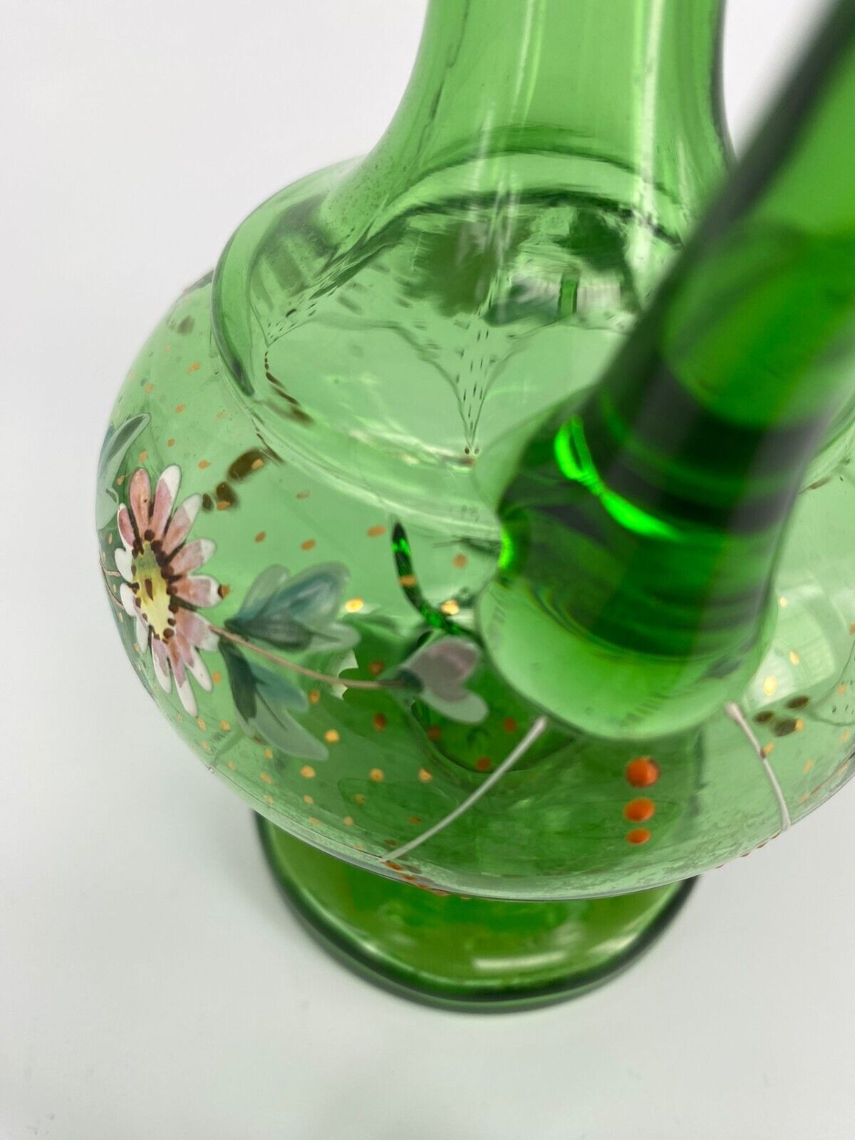 Antique French Hand Blown Green Glass Decanter with Two Matching Glasses Vintage