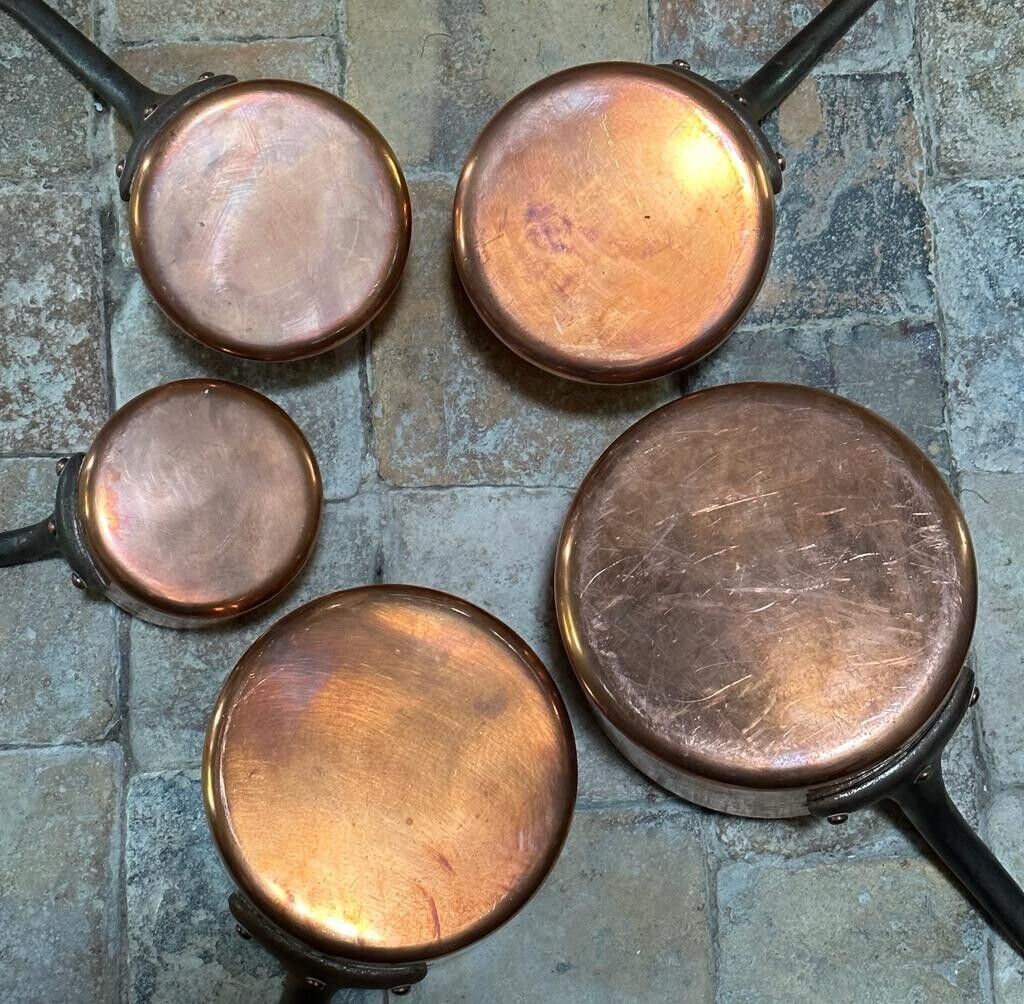 Full Set of Five E. DEHILLERIN Hammered Copper Sauce Pans French Steel Handles