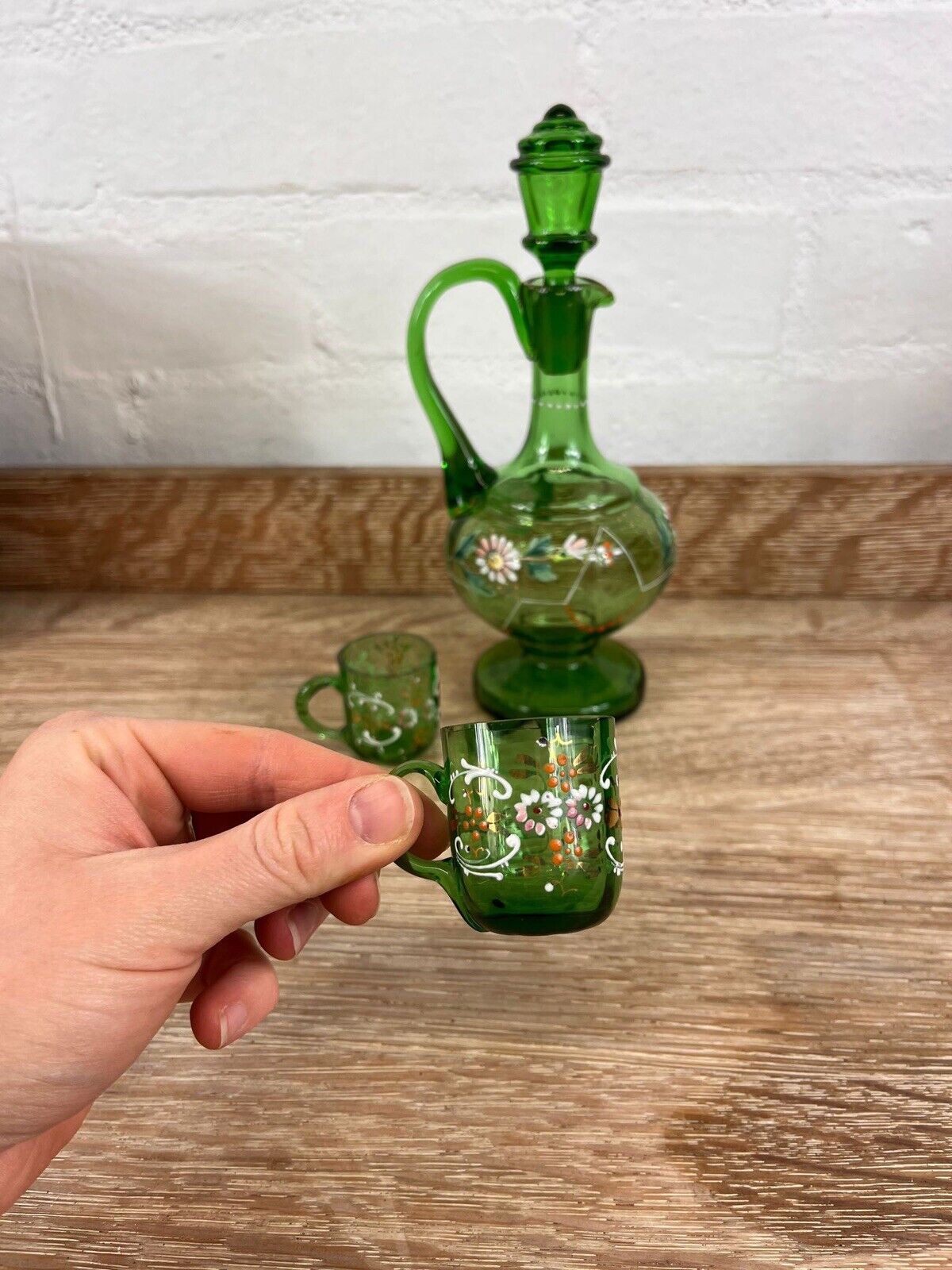 Antique French Hand Blown Green Glass Decanter with Two Matching Glasses Vintage