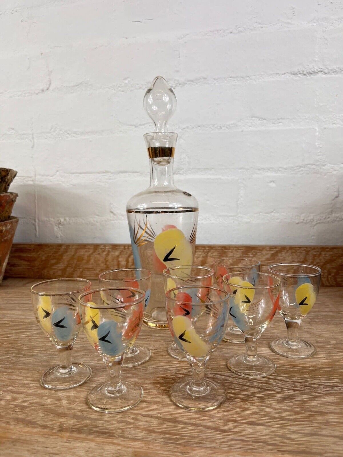 Italian Hand Painted Decanter with 8 Matching Glasses, Rare Vintage Full Set