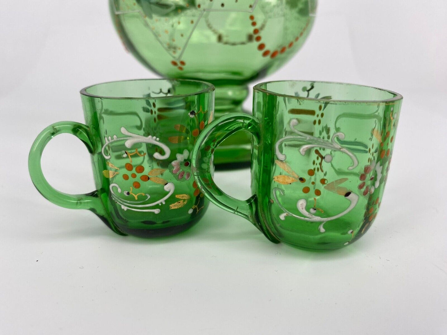 Antique French Hand Blown Green Glass Decanter with Two Matching Glasses Vintage