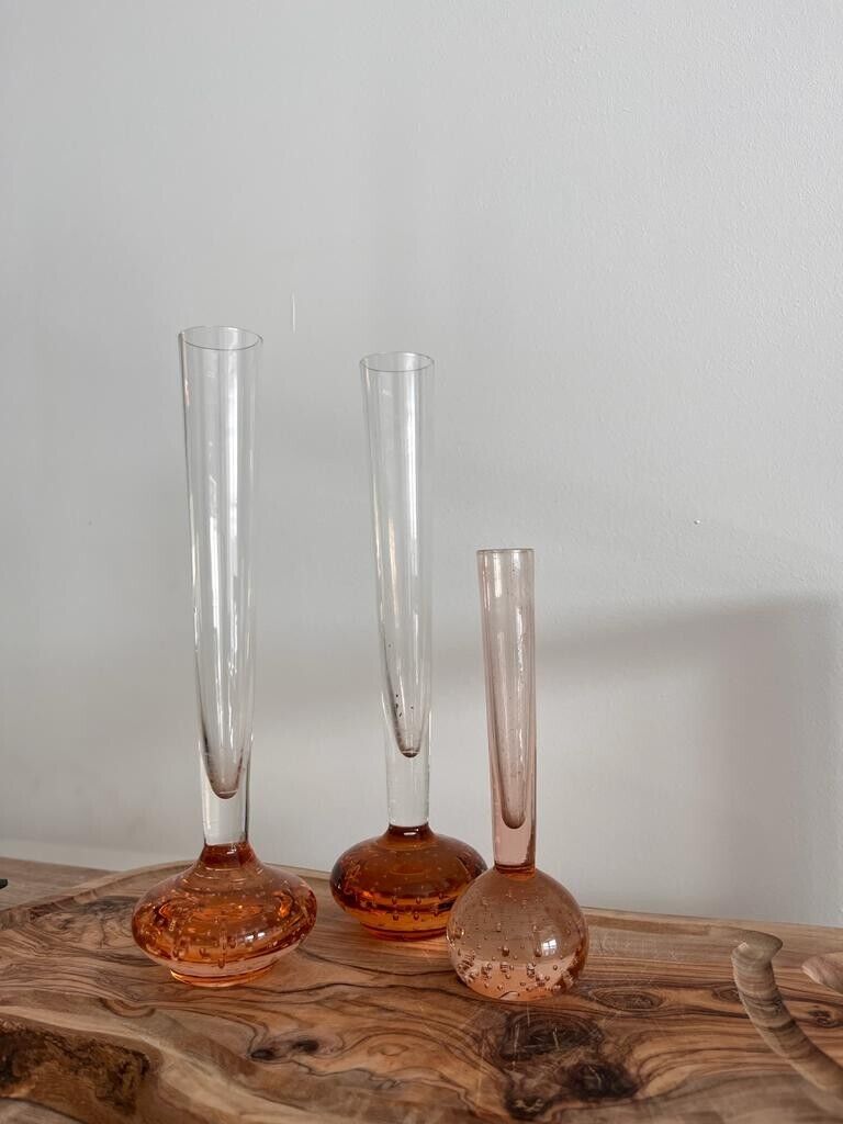 Set of 3 Single Stem Art Glass Vases with Bubbles in the Base Heavy Flower Vase