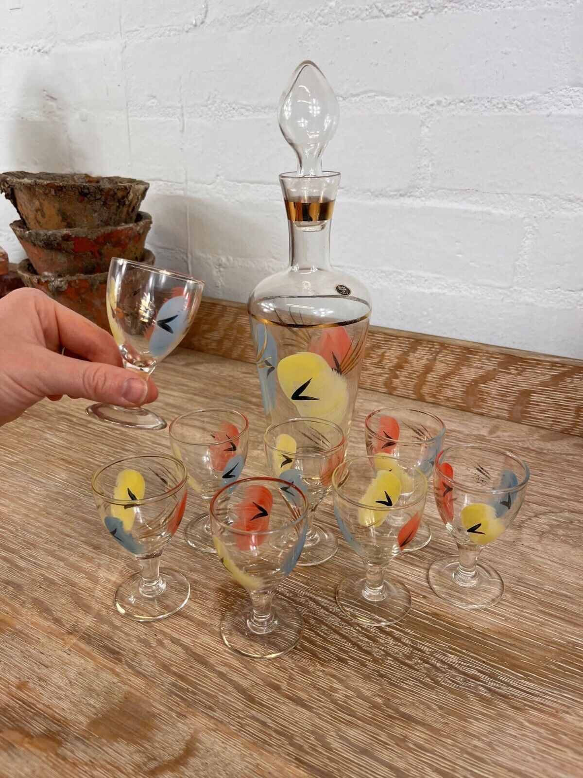 Italian Hand Painted Decanter with 8 Matching Glasses, Rare Vintage Full Set