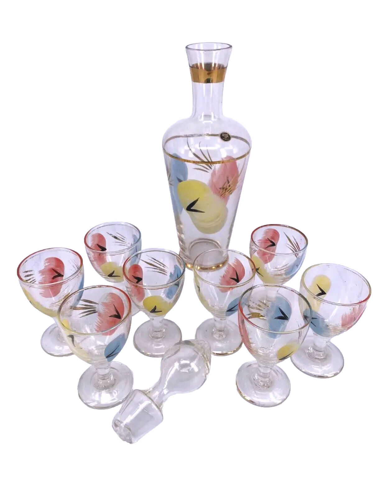 Italian Hand Painted Decanter with 8 Matching Glasses, Rare Vintage Full Set