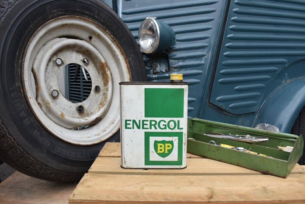 Vintage Oil can, French BP Energol , Rustic Display Garage Retro 2 litre