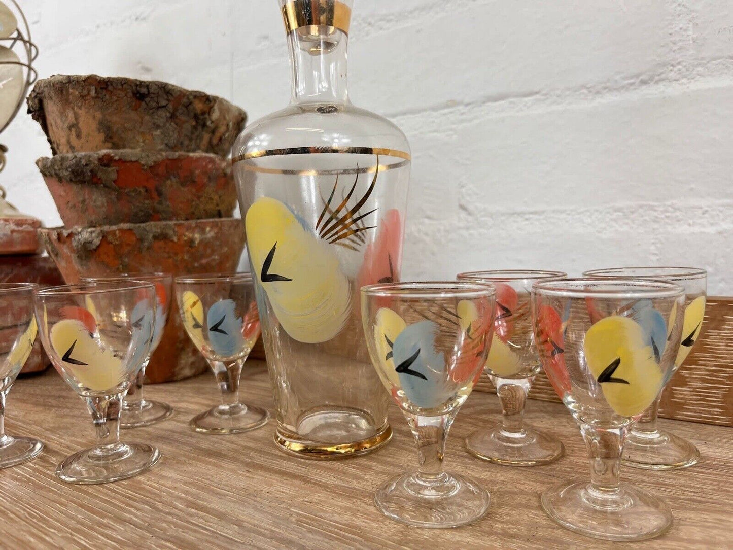 Italian Hand Painted Decanter with 8 Matching Glasses, Rare Vintage Full Set