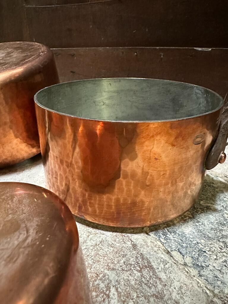 Full Set of Five E. DEHILLERIN Hammered Copper Sauce Pans French Steel Handles