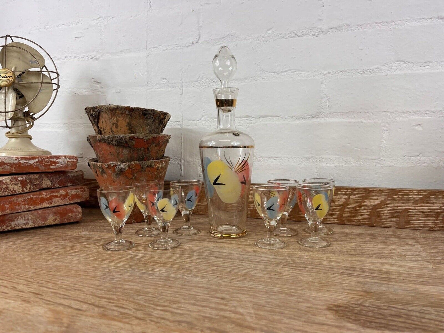 Italian Hand Painted Decanter with 8 Matching Glasses, Rare Vintage Full Set