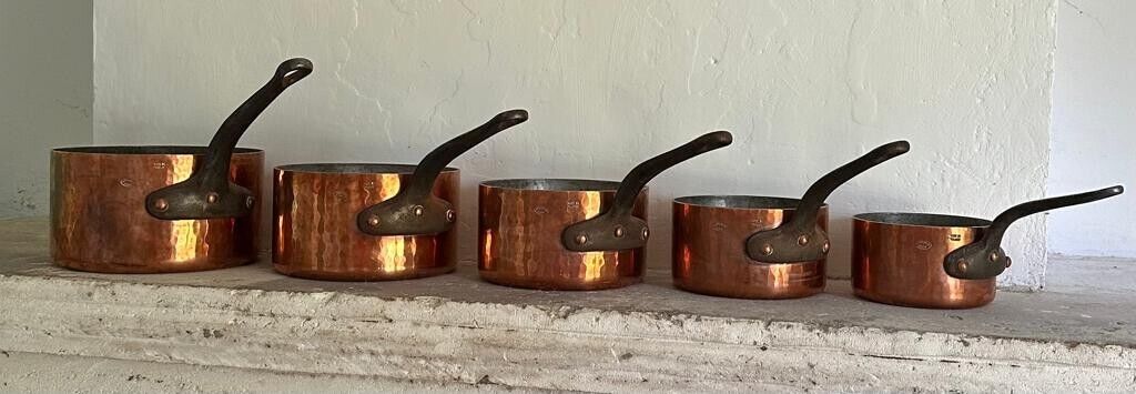 Full Set of Five E. DEHILLERIN Hammered Copper Sauce Pans French Steel Handles