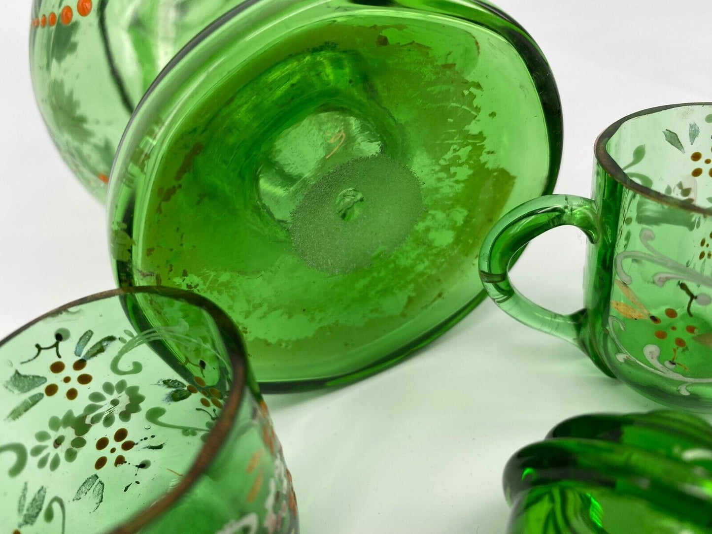 Antique French Hand Blown Green Glass Decanter with Two Matching Glasses Vintage