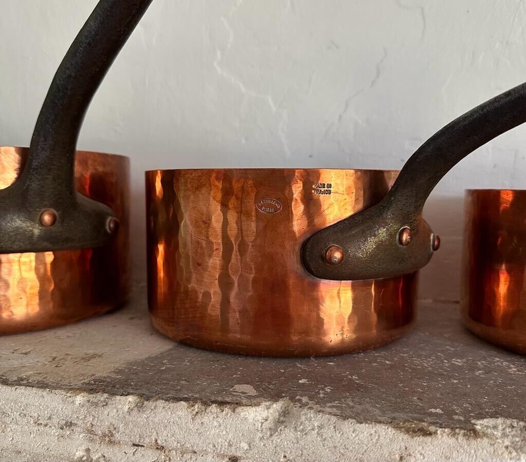 Full Set of Five E. DEHILLERIN Hammered Copper Sauce Pans French Steel Handles