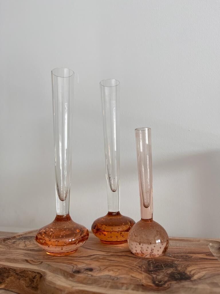 Set of 3 Single Stem Art Glass Vases with Bubbles in the Base Heavy Flower Vase