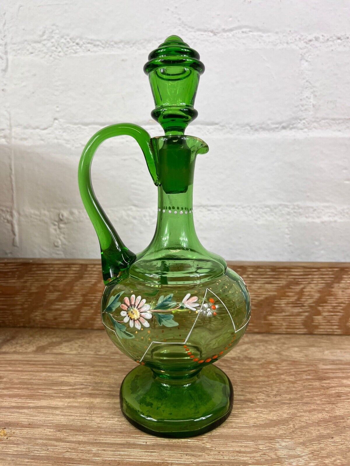 Antique French Hand Blown Green Glass Decanter with Two Matching Glasses Vintage