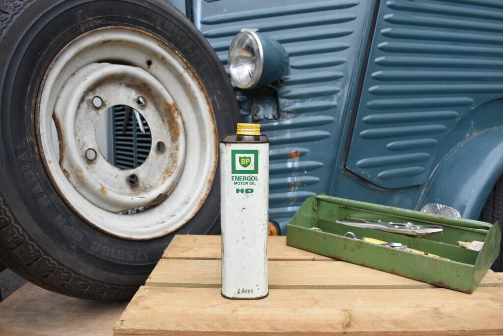 Vintage Oil can, French BP Energol , Rustic Display Garage Retro 2 litre