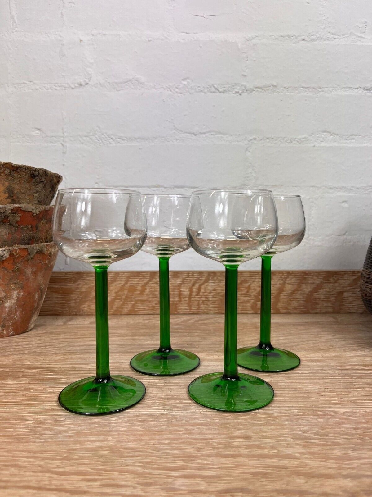 Set of Four 1970'S Green-Stemmed Wine Glasses Vintage French Glassware