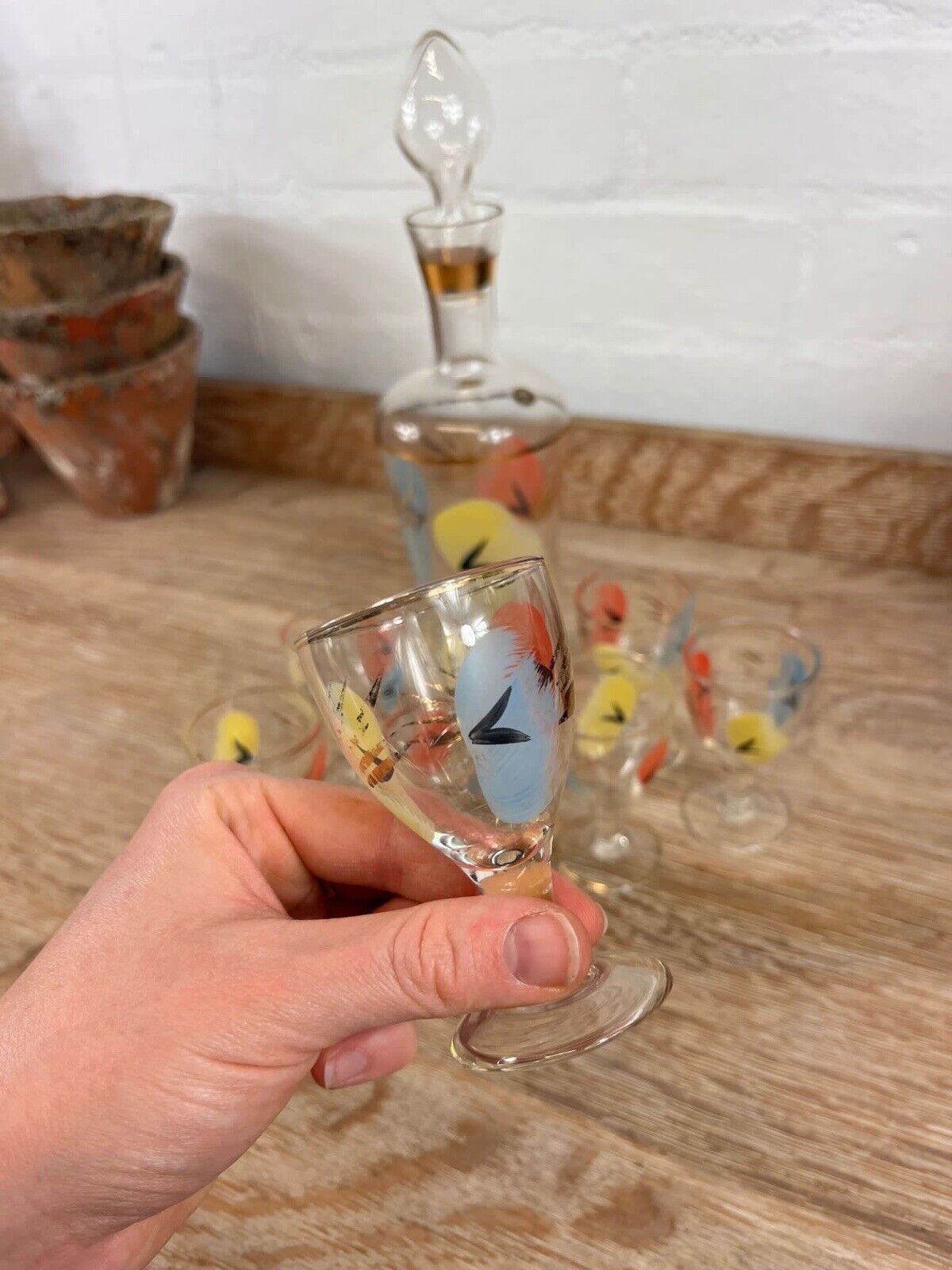 Italian Hand Painted Decanter with 8 Matching Glasses, Rare Vintage Full Set