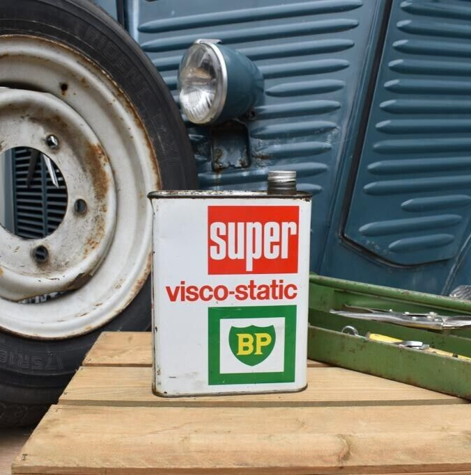 Vintage Oil Can, French BP Super Rustic Display Garage Retro 2 litre