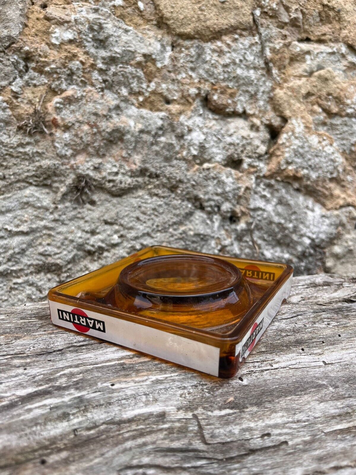 Vintage Martini Amber Glass Ashtray France, 4' x4' rare find collectible retro