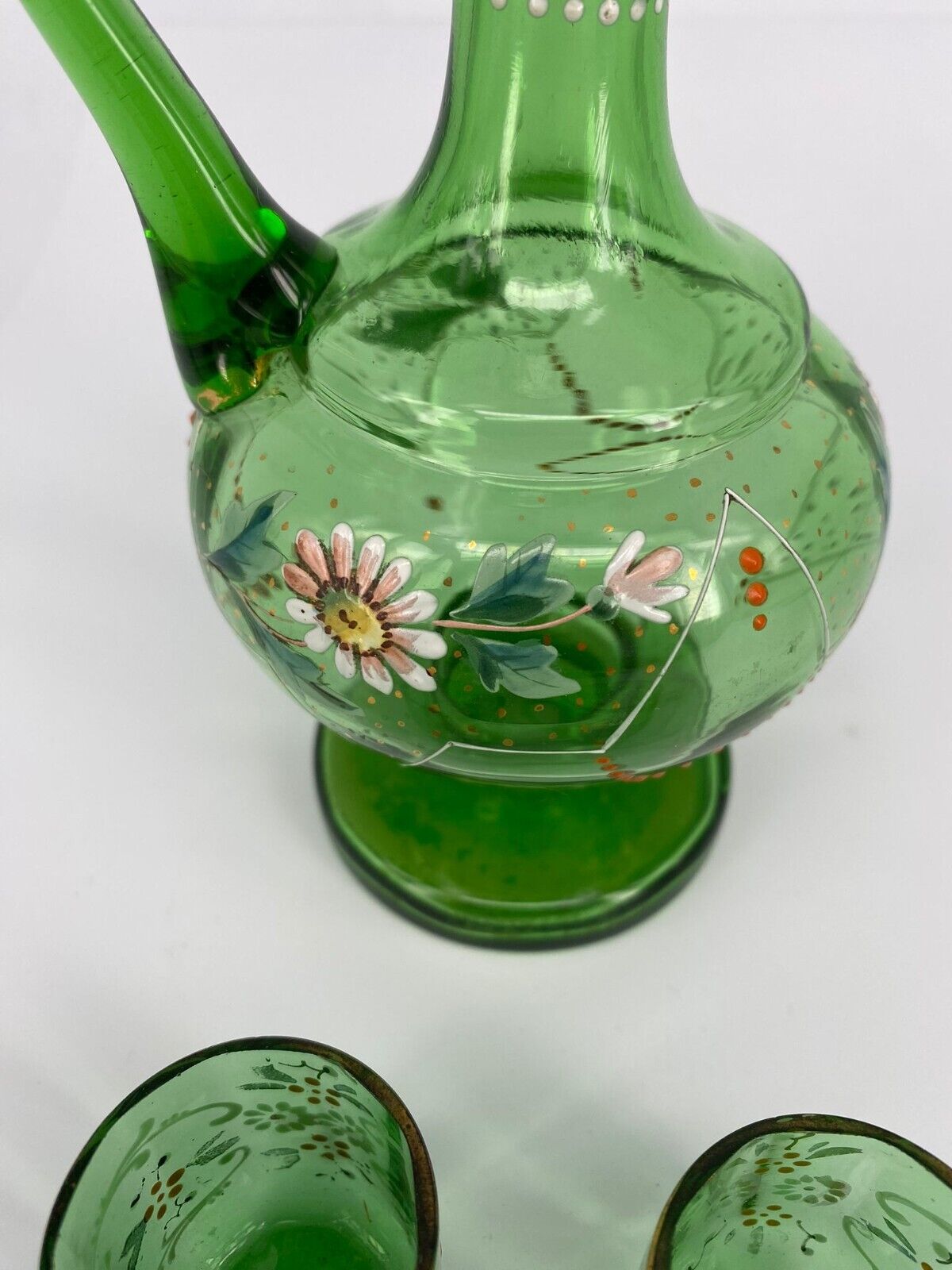 Antique French Hand Blown Green Glass Decanter with Two Matching Glasses Vintage