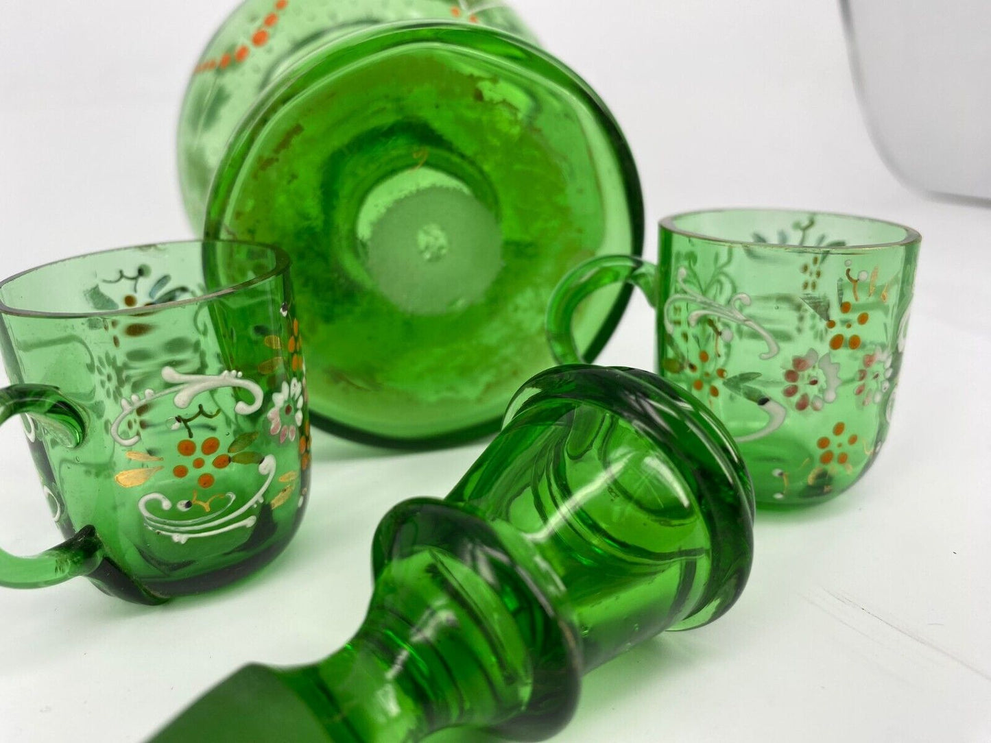Antique French Hand Blown Green Glass Decanter with Two Matching Glasses Vintage