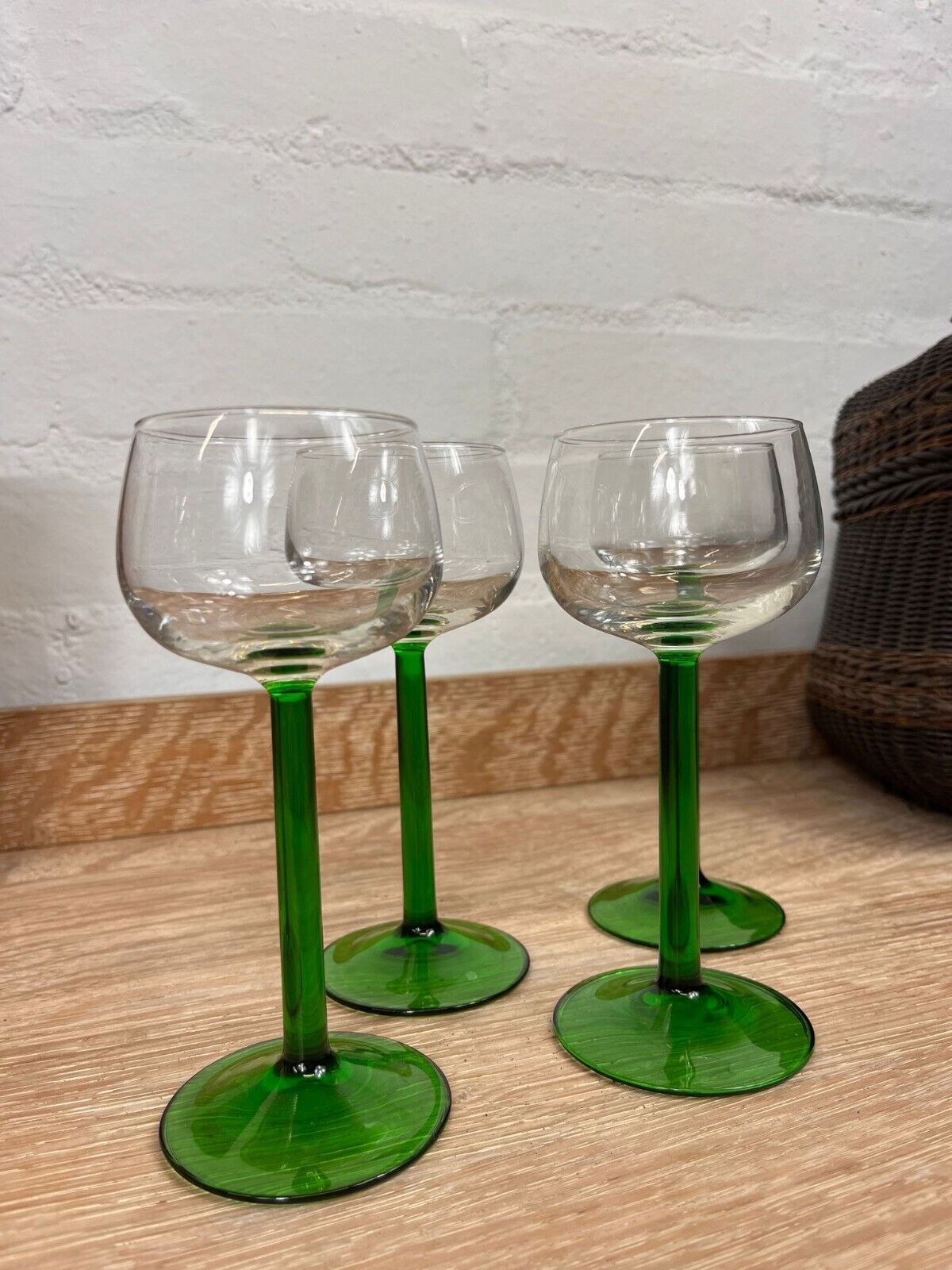 Set of Four 1970'S Green-Stemmed Wine Glasses Vintage French Glassware