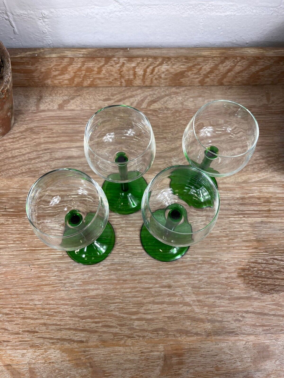 Set of Four 1970'S Green-Stemmed Wine Glasses Vintage French Glassware