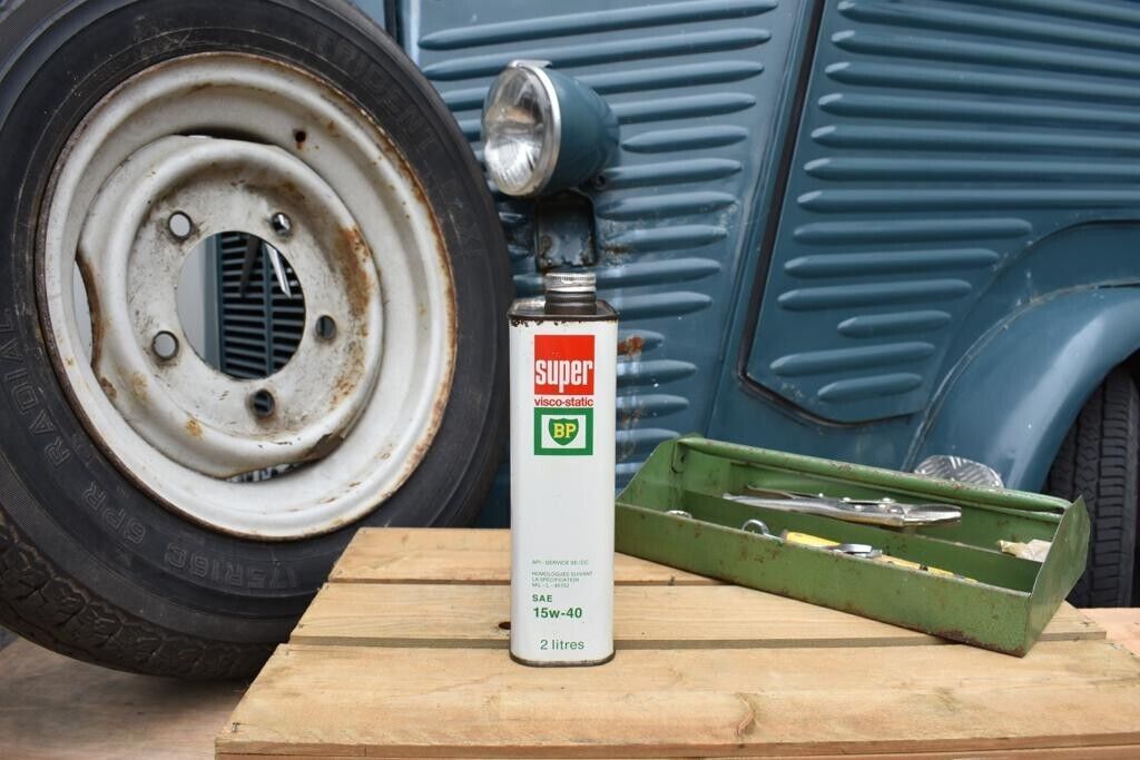 Vintage Oil Can, French BP Super Rustic Display Garage Retro 2 litre
