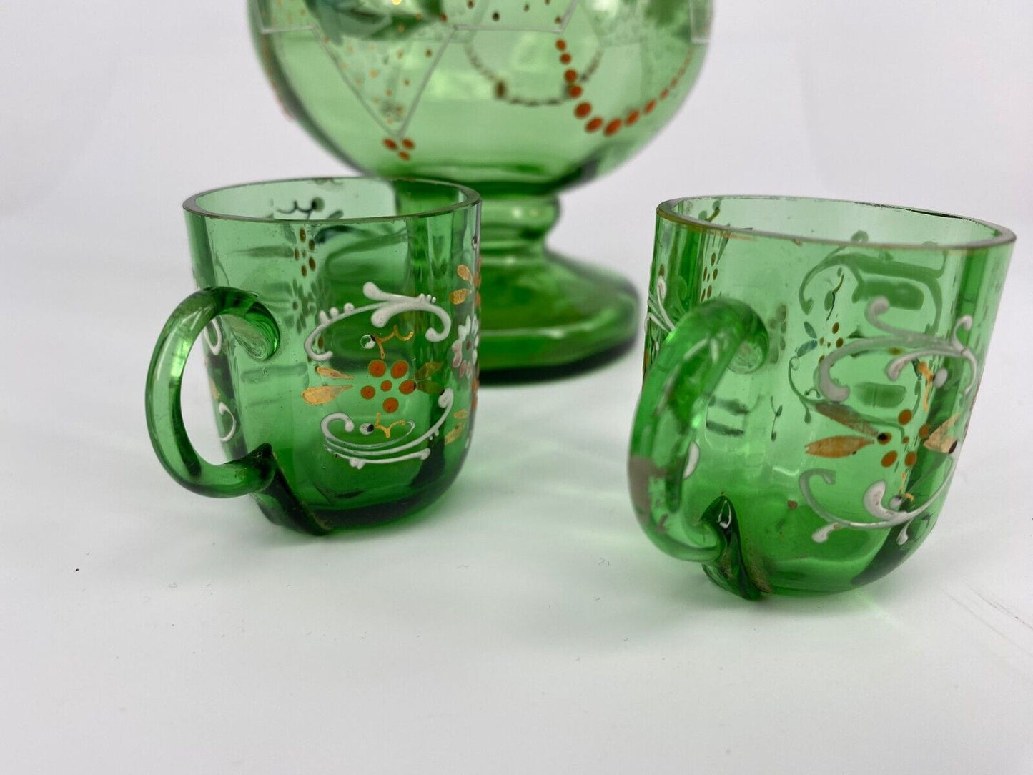 Antique French Hand Blown Green Glass Decanter with Two Matching Glasses Vintage