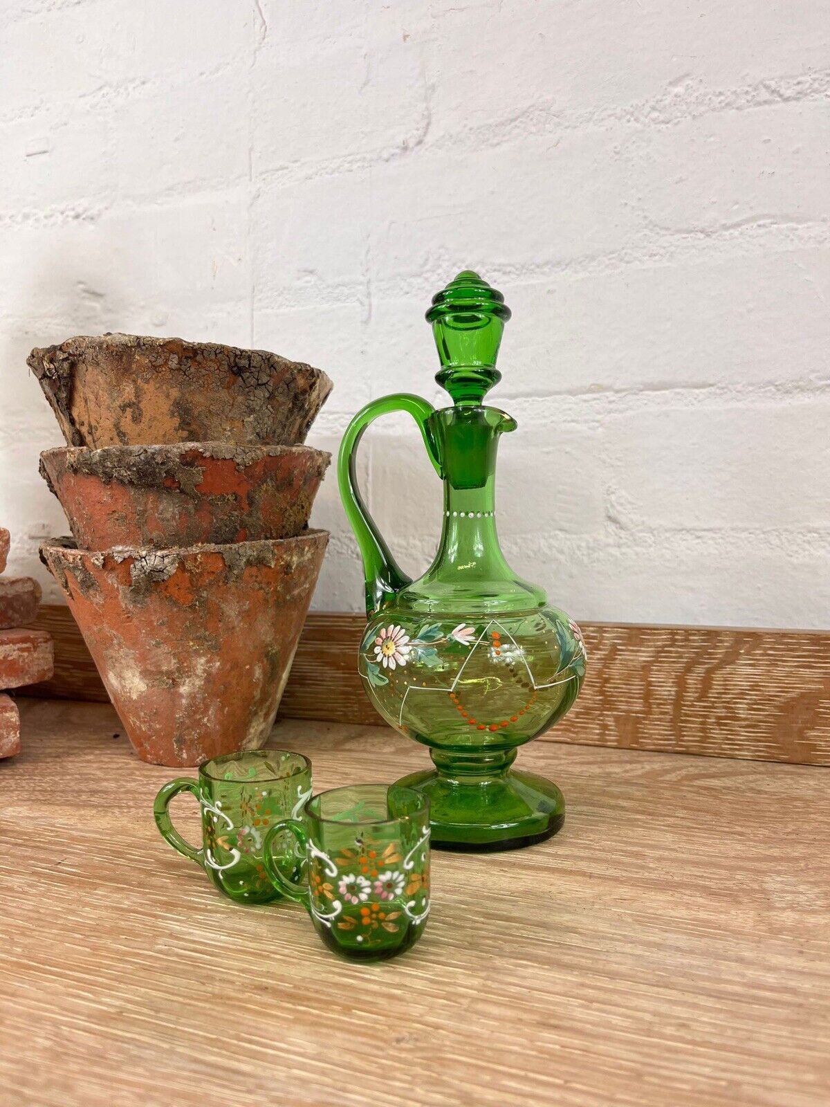 Antique French Hand Blown Green Glass Decanter with Two Matching Glasses Vintage