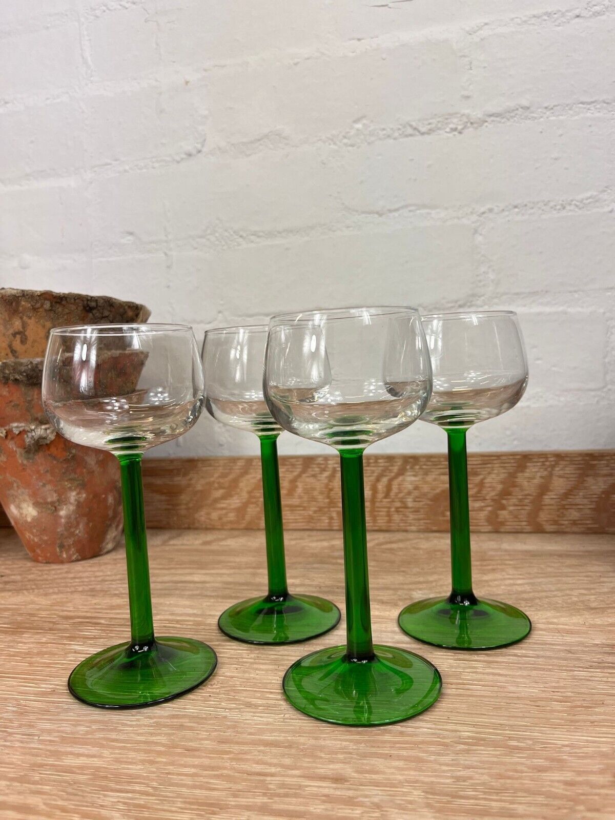 Set of Four 1970'S Green-Stemmed Wine Glasses Vintage French Glassware