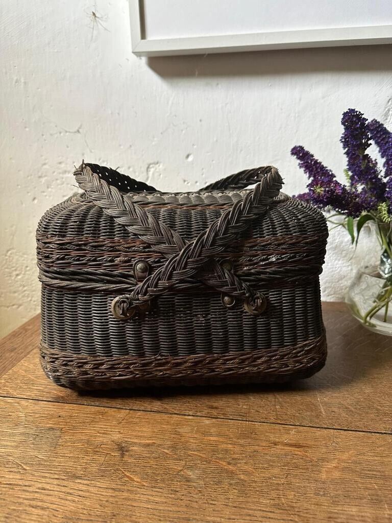 Antique French Double Handled Market Basket / Handbag with Metal Closures Wicker