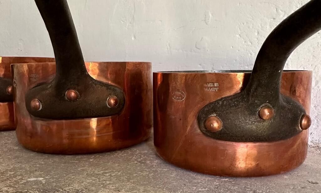 Full Set of Five E. DEHILLERIN Hammered Copper Sauce Pans French Steel Handles