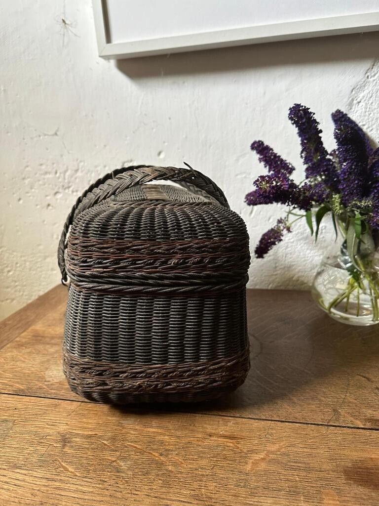 Antique French Double Handled Market Basket / Handbag with Metal Closures Wicker