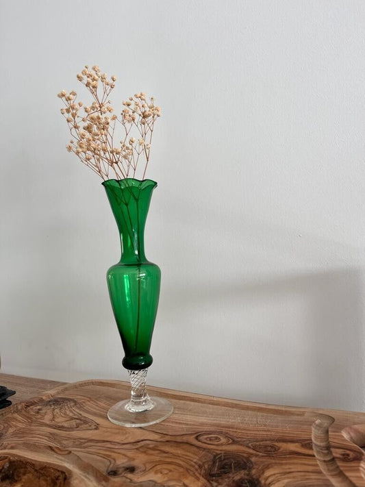 Vintage Glass bud Vase Green Hand Blown Twisted Very Fine  & Delicate Decorative