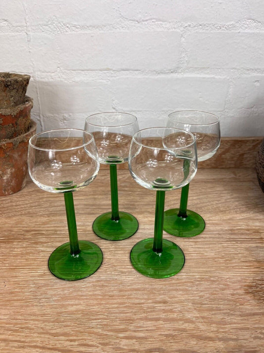 Set of Four 1970'S Green-Stemmed Wine Glasses Vintage French Glassware