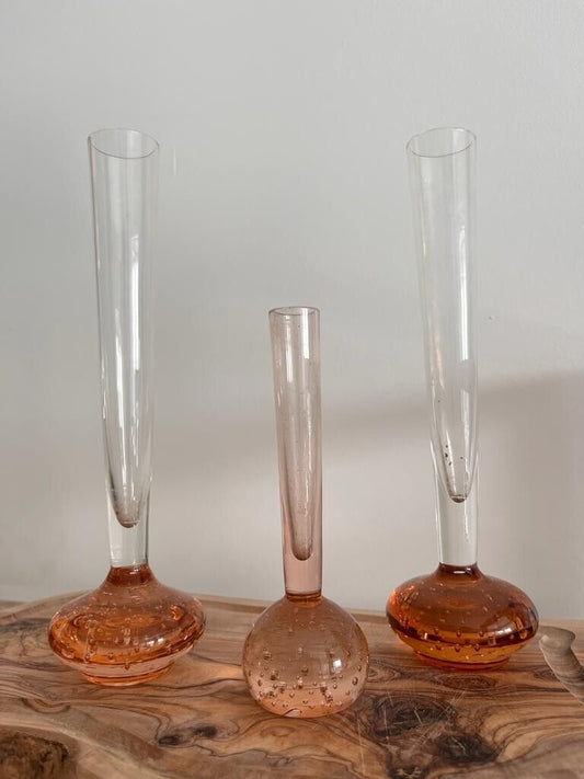 Set of 3 Single Stem Art Glass Vases with Bubbles in the Base Heavy Flower Vase