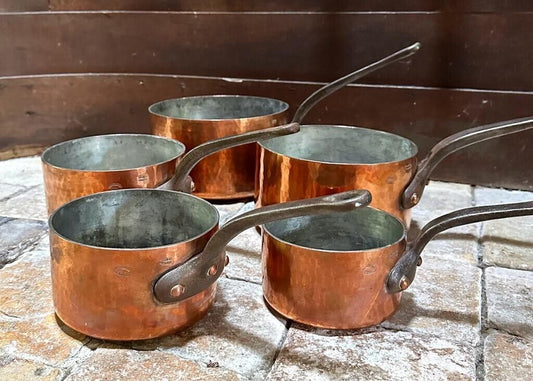 Full Set of Five E. DEHILLERIN Hammered Copper Sauce Pans French Steel Handles