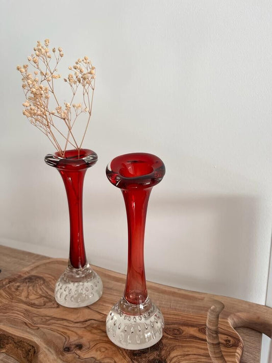 Pair of Vintage Red  ‘Jack in the Pulpit’ or ‘Bone’ Art Glass Vase Aseda, Sweden