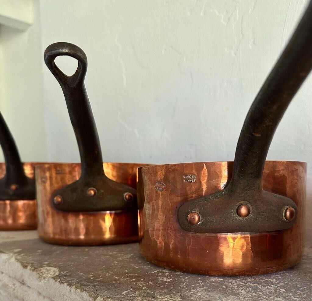 Full Set of Five E. DEHILLERIN Hammered Copper Sauce Pans French Steel Handles