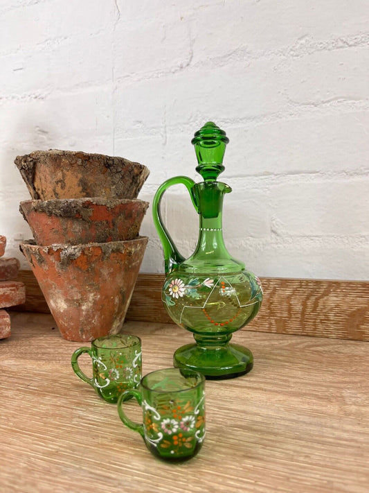 Antique French Hand Blown Green Glass Decanter with Two Matching Glasses Vintage