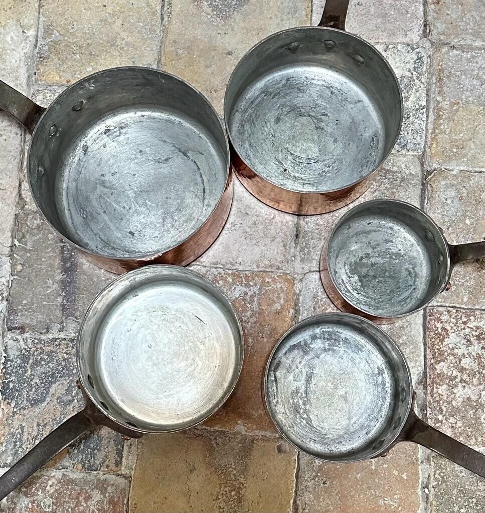 Full Set of Five E. DEHILLERIN Hammered Copper Sauce Pans French Steel Handles