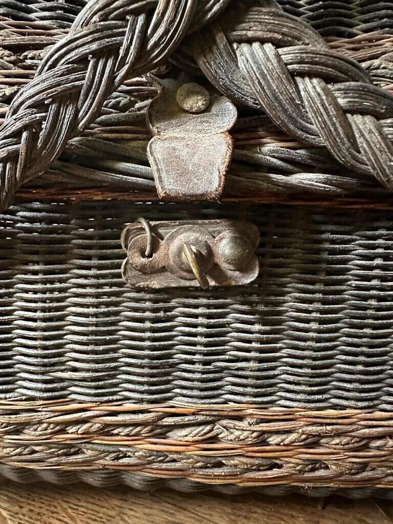 Antique French Double Handled Market Basket / Handbag with Metal Closures Wicker