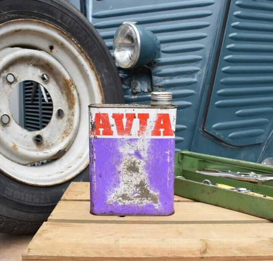 Vintage Oil Can, French AVIA Empty, Rustic Display Garage Retro 2 litre