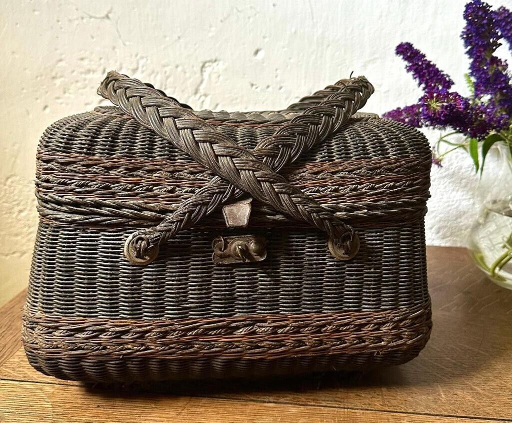 Antique French Double Handled Market Basket / Handbag with Metal Closures Wicker