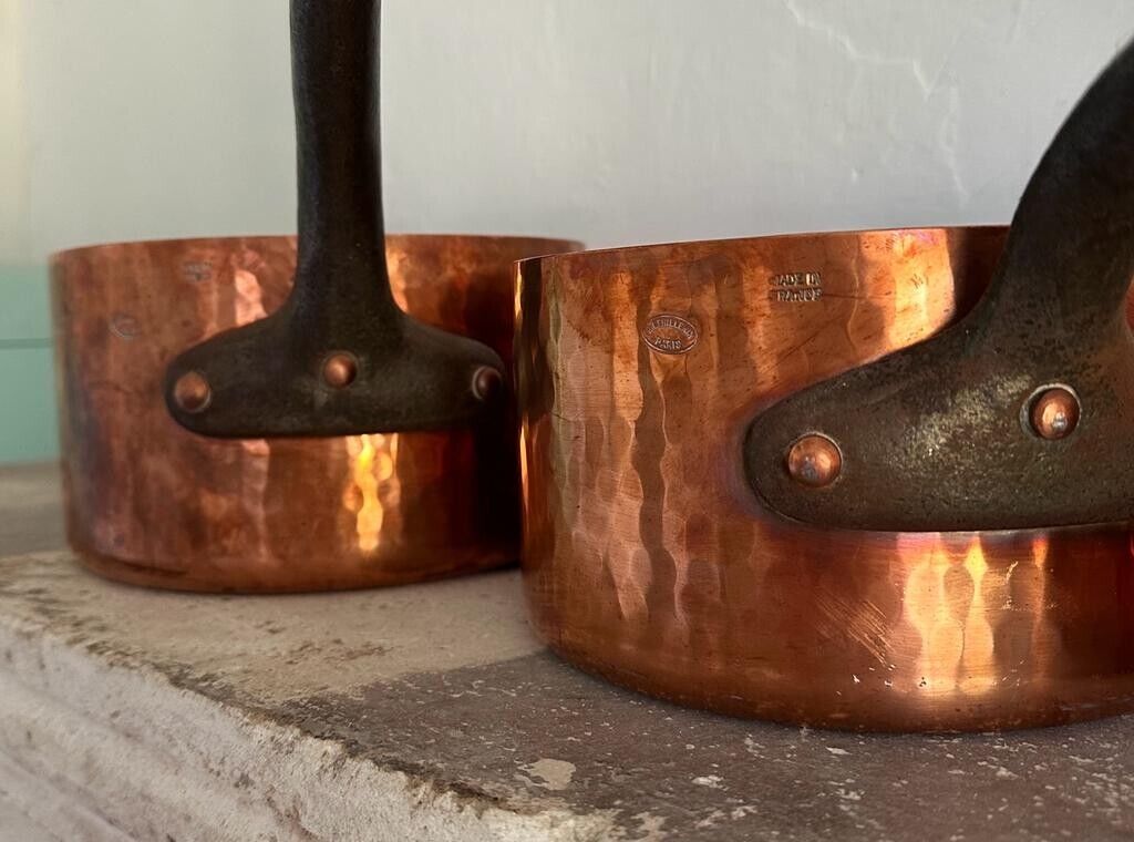 Full Set of Five E. DEHILLERIN Hammered Copper Sauce Pans French Steel Handles